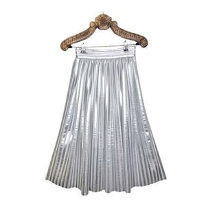 Maje Skirt Metallic Silver Pleated Midi Mesh Perforated Eyelet Jaures 1 US Small